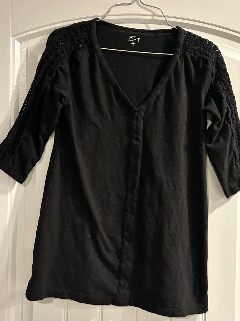 LOFT Black V-Neck Crochet Shoulder Tunic Top